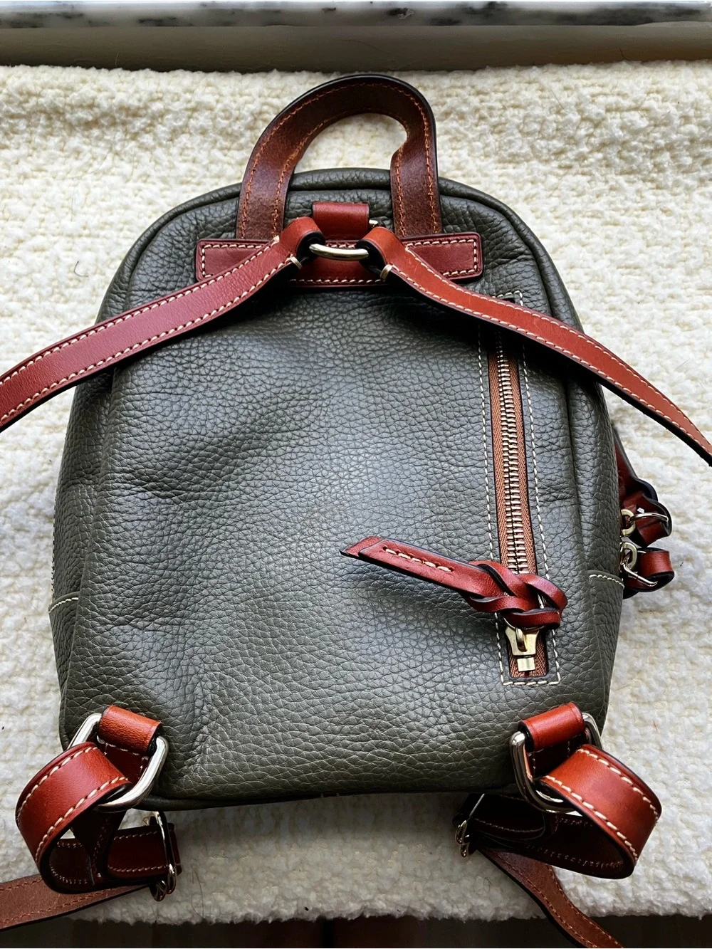 Dooney & Bourke Olive Pebble Leather Mini Backpack with Brown Trim